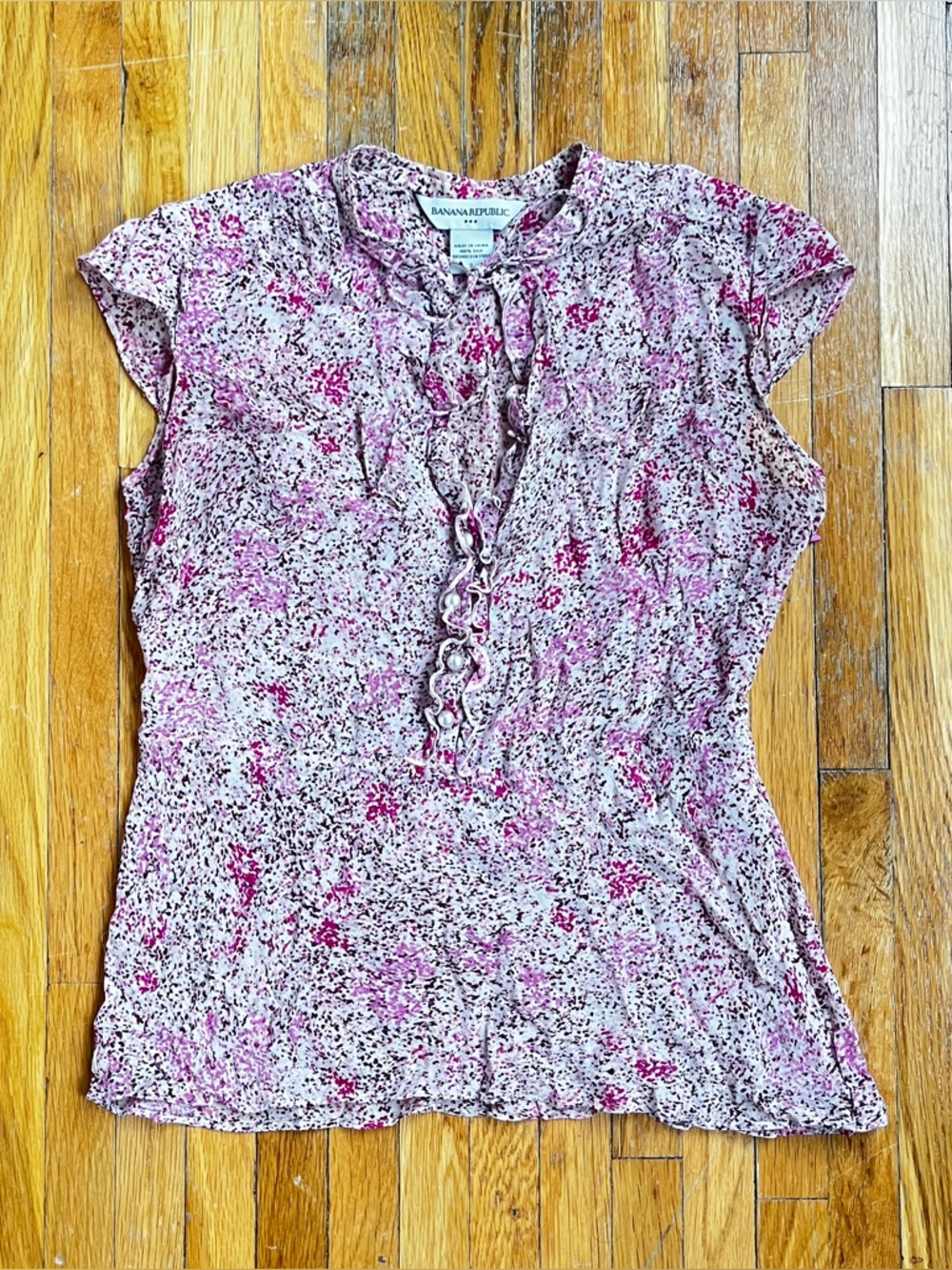 Silk Banana Republic Pink Cap Sleeve and Ruffle Key Hole Blouse